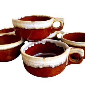 Vintage Western Stoneware Pottery Set Of 6 Brown Drip Chili Soup Mug Maple Leaf